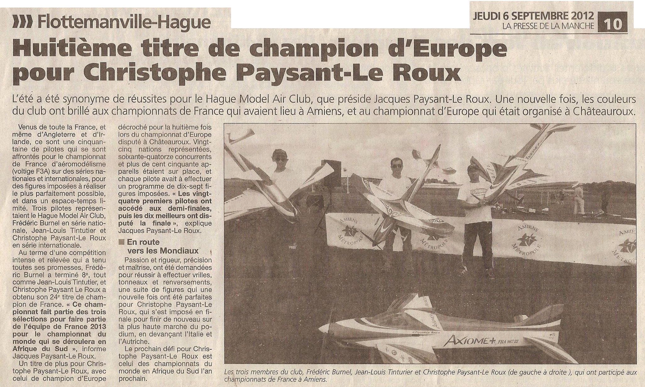 Presse de la Manche 6/09/2012 – Huitième titre de champion d’Europe pour Christophe Paysant-Leroux