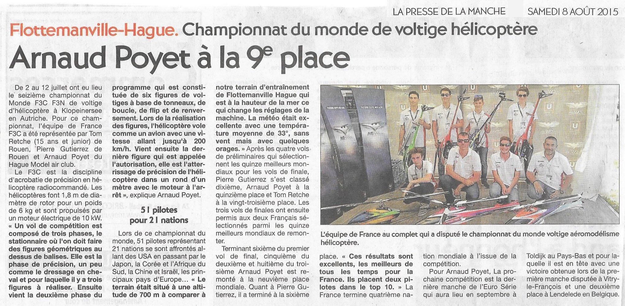 Presse de la Manche 08/08/2015 – Arnaud Poyet à la 9° place
